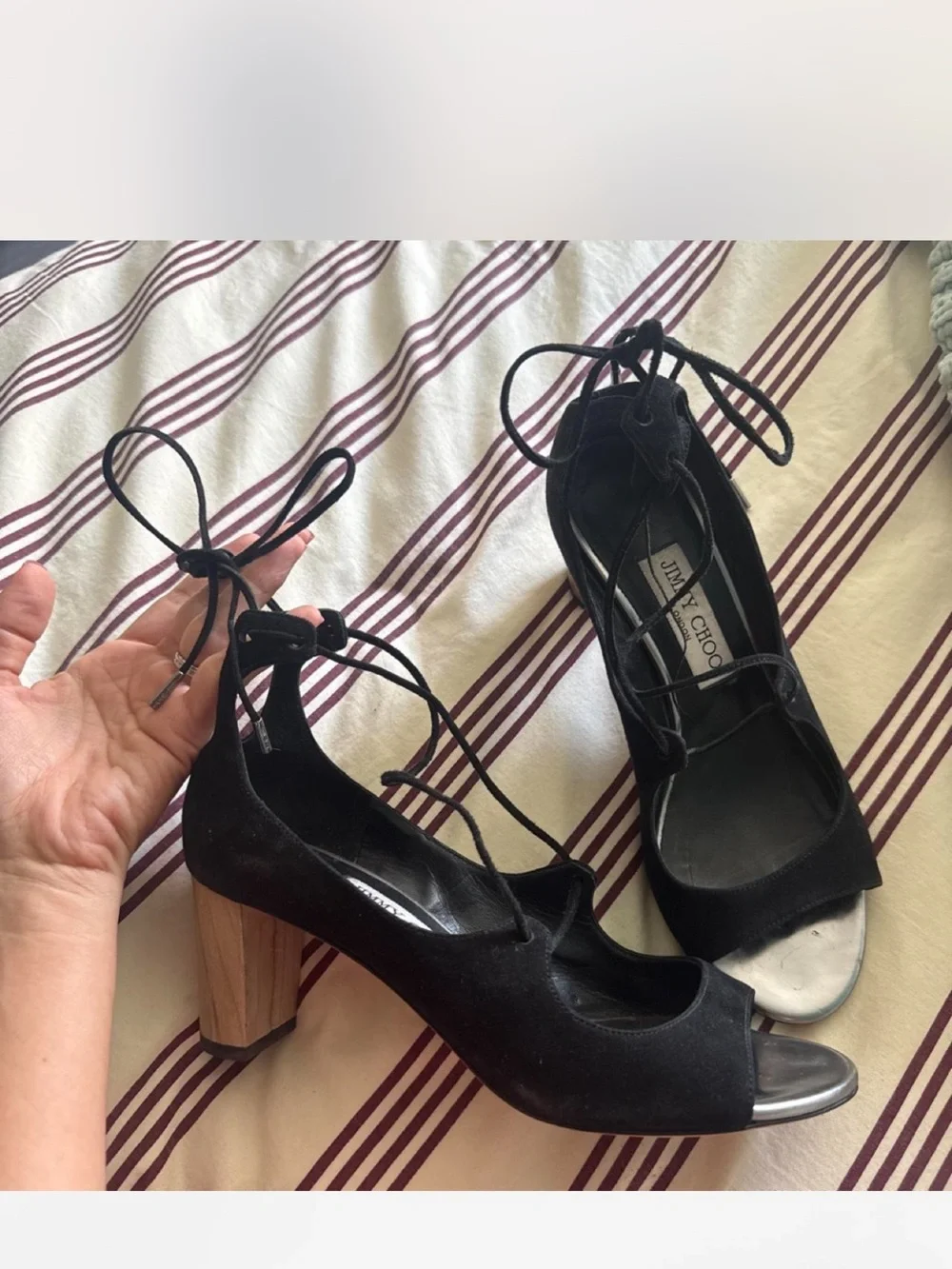 Jimmy Choo Black Lace-Up Suede Peep-Toe Heels